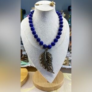Elegant Statement Glass cobalt Blue Beaded Necklace w/Leaf Pendant